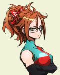  1girl alternate_hairstyle android android_21 bangs black-framed_eyewear blue_hair breasts checkered checkered_dress crossed_arms detached_sleeves dragon_ball dragon_ball_fighterz dress earrings glasses hoop_earrings jewelry looking_at_viewer medium_breasts ponytail red_ribbon red_ribbon_army redhead ribbon shirt sleeveless sleeveless_shirt solo tied_hair two-tone_dress upper_body white_background 