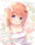  1girl :d amedamacon bangs bare_arms bare_shoulders blush breasts brown_hair character_name cleavage commentary_request dated dress eyebrows_visible_through_hair floral_background flower food_themed_hair_ornament gochuumon_wa_usagi_desu_ka? hair_between_eyes hair_ornament hand_up happy_birthday head_tilt heart hoto_cocoa long_hair medium_breasts open_mouth sleeveless sleeveless_dress smile solo strawberry_hair_ornament twitter_username violet_eyes white_background white_dress white_flower 