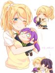  2girls ;) ^_^ ayase_eli black_legwear blonde_hair blue_eyes blue_skirt blush blush_stickers character_doll cheek_poking closed_eyes closed_eyes collared_shirt commentary_request doll hair_between_eyes hair_ornament hair_scrunchie heart holding holding_doll kneehighs love_live! love_live!_school_idol_project miniskirt mogu_(au1127) multiple_girls multiple_views nesoberi no_eyes no_shoes notice_lines o_o object_hug one_eye_closed otonokizaka_school_uniform pink_scrunchie pleated_skirt poking ponytail puchiguru_love_live! purple_hair school_uniform scrunchie shirt short_sleeves sidelocks sitting skirt smile sweater_vest toujou_nozomi twintails white_scrunchie white_shirt 