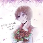  1girl 2016 artist_name bouquet brown_eyes brown_hair character_name collarbone crying crying_with_eyes_open eyebrows_visible_through_hair flower grin hair_between_eyes holding holding_bouquet jacket meiko petals purple_flower red_flower red_jacket red_rose rose shiny shiny_hair short_hair sleeveless_jacket smile solo tears upper_body vocaloid white_background yen-mi 