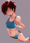  1girl blue_eyes brown_hair flat_chest grey_background navel short_hair solo stretching tagme tomboy training_bra 