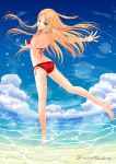  1girl ass barefoot beach bikini blonde_hair blue_sky butt_crack clouds dutch_angle green_eyes highres konami_kirie lens_flare long_hair ocean outstretched_arms red_bikini ritte_(sizer0031) sand side-tie_bikini sky smile solo standing standing_on_one_leg swimsuit twitter_username wading water world_trigger 