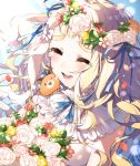  1girl :d ^_^ animal animal_on_shoulder bare_shoulders blonde_hair blue_ribbon blush bouquet character_request closed_eyes closed_eyes commentary_request crying dress flower flower_wreath fox hair_ribbon head_wreath kurihara_sakura long_hair nijisanji open_mouth red_flower ribbon rose round_teeth smile solo tears teeth upper_teeth white_dress white_flower white_rose yellow_flower yellow_rose 