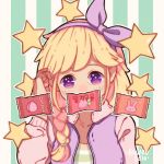  1girl artist_name bangs blonde_hair bow braid covered_mouth food fruit hairband hanaan hand_up long_hair long_sleeves looking_at_viewer original outline purple_bow purple_hairband solo star star-shaped_pupils strawberry striped striped_background symbol-shaped_pupils vertical-striped_background vertical_stripes violet_eyes white_outline wrapper 