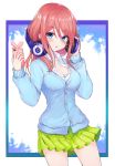  1girl absurdres bangs blue_cardigan blue_eyes blush breasts buttons cellphone chestnut_mouth cleavage collarbone collared_shirt commentary_request cowboy_shot go-toubun_no_hanayome green_skirt hair_between_eyes hands_up headphones highres holding holding_headphones holding_phone large_breasts lebring long_hair looking_at_viewer miniskirt nakano_miku parted_lips phone pleated_skirt redhead school_uniform shirt sidelocks skirt solo standing thighs undershirt white_shirt 