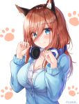  1girl animal_ear_fluff animal_ears bangs black_hairband blue_cardigan blue_eyes breasts cat_ears cleavage closed_mouth collarbone fake_animal_ears go-toubun_no_hanayome hair_between_eyes hairband hands_up headphones headphones_around_neck highres large_breasts lkeris long_hair long_sleeves looking_at_viewer nakano_miku paw_background paw_pose redhead school_uniform shirt sidelocks simple_background smile solo twitter_username upper_body white_background white_shirt 
