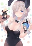  3girls absurdres animal_ears bare_shoulders black_hair black_legwear black_leotard black_neckwear blue_eyes blush bow bowtie bra breasts bunny_girl bunnysuit card cleavage covered_navel cup detached_collar double_bun drinking_glass dyson_(edaokunnsaikouya) elbow_gloves glass gloves hair_between_eyes hair_ornament hair_over_one_eye hair_ribbon hamakaze_(kantai_collection) heart highres holding isokaze_(kantai_collection) kantai_collection large_breasts leotard long_hair looking_at_viewer minigirl multiple_girls pantyhose polka_dot polka_dot_background rabbit_ears red_eyes ribbon short_hair silver_hair smile strapless strapless_leotard tray tress_ribbon underwear upper_body urakaze_(kantai_collection) white_background white_bra white_hair wrist_cuffs 