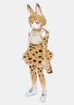  1girl animal_ears bow bowtie elbow_gloves extra_ears full_body gloves grey_background high-waist_skirt highres kemono_friends ojipon pantyhose print_gloves print_neckwear print_skirt serval_(kemono_friends) serval_ears serval_print serval_tail shirt simple_background skirt sleeveless sleeveless_shirt solo standing striped_tail tail thighband_pantyhose white_footwear 