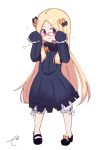 &gt;:) 1girl abigail_williams_(fate/grand_order) bangs bespectacled black_bow black_dress black_footwear blonde_hair bloomers blue_eyes blush bow bug butterfly closed_mouth commentary_request dress eyebrows_visible_through_hair fate/grand_order fate_(series) forehead full_body glasses hair_bow hands_up highres insect kujou_karasuma long_hair long_sleeves mary_janes no_hat no_headwear orange_bow parted_bangs pigeon-toed red-framed_eyewear shoes simple_background sleeves_past_fingers sleeves_past_wrists smile solo sparkle standing underwear very_long_hair white_background white_bloomers 