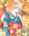  1girl blonde_hair blue_kimono breasts cleavage collarbone cup eyebrows_visible_through_hair facial_scar flower gintama hair_bun hair_flower hair_ornament highres holding holding_cup japanese_clothes kimono leaf leaf_print long_sleeves looking_at_viewer maple_leaf medium_breasts paleatus pink_flower print_kimono scar scar_on_cheek short_hair solo standing tied_hair tsukuyo_(gintama) upper_body violet_eyes wide_sleeves 