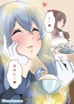  2girls blue_hair brown_hair closed_eyes commentary_request food gloves gotland_(kantai_collection) hair_bun hair_ornament hairclip half_gloves hand_on_own_cheek heart highres holding holding_spoon holding_tray kanade_(kanadeya) kantai_collection kappougi long_hair long_sleeves mamiya_(kantai_collection) military military_uniform mole mole_under_eye multiple_girls open_mouth speech_bubble spoken_heart spoon translation_request tray uniform white_gloves 