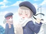  2girls bangs blue_sky blurry blurry_background blush breath brown_eyes brown_scarf buttons closed_eyes closed_mouth clouds commentary_request dress eyebrows_visible_through_hair gloves hair_between_eyes hat hat_ribbon highres holding holding_paper kantai_collection lamppost long_sleeves looking_at_viewer multiple_girls open_mouth outdoors paper redhead ribbon sailor_dress sailor_hat scarf short_hair sky smile standing totto_(naka) tree white_hair white_scarf winter z1_leberecht_maass_(kantai_collection) z3_max_schultz_(kantai_collection) 