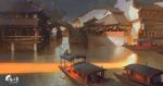  3others architecture artist_name boat bridge building city commentary day east_asian_architecture english_text grey_hair highres lantern multiple_others original outdoors paper_lantern reflective_water river scenery sitting sky spiky_hair tree watercraft wenjun_lin 