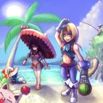  1girl black_hair blonde_hair blue_eyes boots breasts closed_mouth clouds collarbone commentary_request final_fantasy final_fantasy_ix fishing_rod food fruit garnet_til_alexandros_xvii gloves hat highres long_hair looking_at_viewer midriff moogle mountain multiple_boys navel ocean oomasa_teikoku orange_swimsuit palm_tree sandals shade shochuumimai smile sun sweat swimsuit tail tree vivi_ornitier watermelon zidane_tribal 