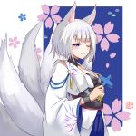  1girl absurdres animal_ears azur_lane bangs blue_background blue_eyes blush breasts character_request cleavage copyright_request eyebrows_visible_through_hair floral_print fox_ears fox_girl highres holding japanese_clothes kaga_(azur_lane) kimono long_sleeves looking_at_viewer medium_breasts one_eye_closed short_hair solo translation_request two-tone_background w-t white_background white_hair white_tail wide_sleeves 