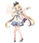  1girl abigail_williams_(fate/grand_order) alternate_costume animal_ears animal_hat animal_print arm_up background_text bag bangs bear_ears bear_hat blonde_hair blue_eyes blush braid brown_footwear brown_headwear butterfly_hair_ornament butterfly_print character_name commentary dress fake_animal_ears fate/grand_order fate_(series) flower forehead full_body hair_ornament handbag hat head_tilt holding holding_hat long_hair low_twintails nagu parted_bangs parted_lips pleated_dress print_dress shoes short_dress shoulder_bag sleeveless sleeveless_dress solo standing symbol_commentary tentacle twintails very_long_hair w white_background white_dress white_flower wrist_cuffs 
