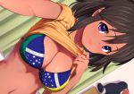  1girl bikini black_hair blush brazilian_flag breasts cleavage curtains dark_skin dutch_angle idolmaster idolmaster_cinderella_girls lips looking_at_viewer medium_breasts natalia_(idolmaster) pettan_p reaching shirt shirt_lift short_hair smile solo swimsuit violet_eyes yellow_shirt 