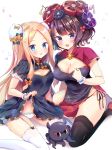  2girls :3 :d :p abigail_williams_(fate/grand_order) alternate_costume animal bangs black_bow black_panties blonde_hair blue_eyes blush bow breasts china_dress chinese_clothes cleavage cleavage_cutout closed_mouth commentary_request double_bun dress dress_lift eyebrows_visible_through_hair fate/grand_order fate_(series) floral_print flower garter_straps hair_flower hair_ornament highres katsushika_hokusai_(fate/grand_order) lace lace-trimmed_panties large_breasts long_hair looking_at_viewer masayo_(gin_no_ame) medium_breasts multiple_girls octopus open_mouth orange_bow panties parted_bangs polka_dot polka_dot_bow purple_hair short_hair side-tie_panties side_slit sitting smile thigh-highs tokitarou_(fate/grand_order) tongue tongue_out underwear very_long_hair violet_eyes wariza wristband 