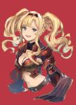  1girl :d black_hairband blonde_hair blue_eyes braid breastplate breasts cleavage cleavage_cutout cropped_torso eyebrows_visible_through_hair floating_hair granblue_fantasy hair_intakes hairband highres long_hair looking_at_another medium_breasts midriff navel open_mouth red_background shimatani_azu shiny shiny_hair shoulder_armor simple_background sketch smile solo spaulders stomach twintails upper_body zeta_(granblue_fantasy) 