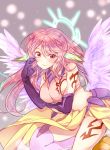  1girl angel_wings blush breast_hold breasts closed_mouth crop_top feathered_wings gloves gradient_hair halo highres jibril_(no_game_no_life) large_breasts long_hair looking_at_viewer low_wings magic_circle midriff mihara_youzora multicolored_hair no_game_no_life pink_eyes pink_hair sideboob single_thighhigh smile solo tattoo thigh-highs very_long_hair white_wings wing_ears wings 