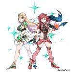  2girls armor bangs blonde_hair breasts cleavage_cutout covered_navel earrings fingerless_gloves full_body gem gloves graysheartart headpiece highres mythra_(xenoblade) pyra_(xenoblade) jewelry multiple_girls nintendo red_eyes red_shorts redhead short_hair shorts shoulder_armor simple_background smile swept_bangs thigh_strap tiara xenoblade_(series) xenoblade_2 yellow_eyes 