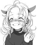  1girl ahoge blush bosako_(haguhagu) bug closed_eyes greyscale haguhagu_(rinjuu_circus) highres horns insect ladybug long_hair messy_hair monochrome original smile sweater turtleneck turtleneck_sweater 