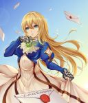  1girl absurdres bangs blonde_hair blue_eyes blue_jacket blue_sky breasts character_name commentary_request day dress dress_pull hair_between_eyes hair_intakes highres jacket letter long_hair long_sleeves medium_breasts outdoors puffy_sleeves qaq sky solo violet_evergarden violet_evergarden_(character) 