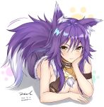  1girl aki_makoto animal_ear_fluff animal_ears arm_strap bangs bare_arms bare_shoulders black_shorts breasts chin_rest cleavage collar dated fang fur_trim hair_between_eyes hand_up large_breasts long_hair looking_at_viewer lying motion_lines on_stomach princess_connect! princess_connect!_re:dive purple_hair shadow shorts signature smile solo tail twitter_username unel v-shaped_eyebrows white_background yellow_eyes 