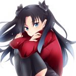  1girl black_bow black_hair black_legwear black_skirt blue_eyes bow crossed_arms eyebrows_visible_through_hair fate/stay_night fate_(series) floating_hair getsuyoubi hair_between_eyes hair_bow leg_hug long_hair long_sleeves looking_at_viewer miniskirt pleated_skirt red_shirt shirt simple_background sitting skirt solo thigh-highs tohsaka_rin twintails very_long_hair white_background zettai_ryouiki 