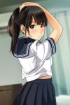  1girl arm_up bangs blue_sailor_collar blue_skirt blurry blurry_background blush brown_eyes brown_hair bunching_hair closed_mouth commentary_request curtains depth_of_field eyebrows_visible_through_hair fingernails highres indoors long_hair looking_at_viewer looking_to_the_side matsunaga_kouyou nose_blush original pleated_skirt sailor_collar school_uniform serafuku shirt short_sleeves sidelocks skirt smile solo very_long_hair white_shirt 