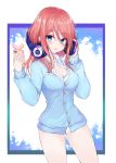  1girl absurdres ass_visible_through_thighs bangs blue_cardigan blue_eyes blush breasts buttons cellphone chestnut_mouth cleavage collarbone collared_shirt cowboy_shot go-toubun_no_hanayome hair_between_eyes hands_up headphones highres holding holding_headphones holding_phone large_breasts lebring long_hair looking_at_viewer nakano_miku no_pants panties parted_lips phone redhead school_uniform shirt sidelocks solo standing thighs undershirt underwear white_panties white_shirt 