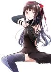  1girl aabtcndneefkg akuma_homura black_dress black_gloves bow brown_eyes brown_hair choker dress elbow_gloves floating_hair gloves grey_legwear hair_bow hairband hand_in_hair highres invisible_chair long_hair looking_at_viewer mahou_shoujo_madoka_magica plaid plaid_legwear ponytail red_bow red_hairband short_dress simple_background sitting sleeveless sleeveless_dress solo strapless strapless_dress thigh-highs very_long_hair white_background 