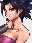  1girl bandeau bare_shoulders big_hair black_hair bracer breasts caulifla cleavage closed_mouth collarbone commentary_request dragon_ball dragon_ball_super grey_background hand_up looking_at_viewer pink_bandeau short_hair sleeveless smile solo spiky_hair st62svnexilf2p9 violet_eyes 