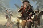  4girls ass assault_rifle beret black_hair blue_eyes bow clouds coat explosive eyebrows_visible_through_hair glasses gloves grenade grenade_launcher grey_hair gun h&amp;k_hk416 hat highres jacket lipstick long_hair long_sleeves makeup multiple_girls necktie nightmadness nikke_the_goddess_of_victory official_art project_nikke red_eyes rifle rocket_launcher sailor_collar short_hair short_sleeves shorts sky sun sunlight thigh-highs twintails uniform weapon white_hair 