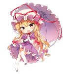  1girl blonde_hair bow breasts chibi choker commentary_request dress full_body garter_straps gloves hair_bow hat hat_ribbon head_tilt holding holding_umbrella long_hair looking_at_viewer medium_breasts mob_cap open_mouth petticoat puffy_short_sleeves puffy_sleeves purple_dress purple_footwear red_bow red_choker red_ribbon ribbon ribbon_choker shinoba shoes short_sleeves simple_background smile solo thigh-highs thighs touhou umbrella very_long_hair violet_eyes white_background white_gloves white_headwear white_umbrella yakumo_yukari 