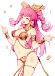  1girl :d ^_^ aaeru armlet bare_shoulders blush bracelet braid breasts cleavage closed_eyes closed_eyes commentary_request contrapposto covered_nipples cowboy_shot destiny_child facing_viewer floating_hair groin hair_ornament highres jewelry long_hair medium_breasts navel open_mouth pelvic_curtain pink_hair red_bikini_top simple_background smile solo standing stomach thighs twin_braids very_long_hair white_background 