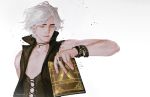  1boy bare_shoulders black_coat book bracelet closed_eyes closed_mouth coat devil_may_cry devil_may_cry_5 devil_trigger holding holding_book jewelry kenny_(poe90) necklace ring signature simple_background smile solo tooth_necklace twitter_username upper_body v_(devil_may_cry) white_background white_hair 