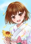  1girl :d blue_sky brown_eyes brown_hair earrings eyebrows_visible_through_hair floral_print flower holding holding_flower japanese_clothes jewelry kimono kuroneko_w1nter looking_at_viewer open_mouth original petals print_kimono short_hair sky smile solo sparkle upper_body white_kimono yellow_flower yukata 