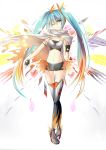  1girl ;) absurdres black_gloves black_shorts blue_eyes blue_hair boots breasts cape cleavage crop_top cutout feathers fingerless_gloves floating_hair full_body gloves gradient_hair grey_footwear hair_between_eyes hair_feathers hatsune_miku head_tilt headphones highres long_hair looking_at_viewer midriff multicolored_hair navel one_eye_closed orange_feathers orange_hair orange_legwear racing_miku racing_miku_(2016) shiny shiny_clothes short_shorts shorts small_breasts smile solo standing stomach strapless thigh-highs thigh_boots torn_cape torn_clothes two-tone_hair very_long_hair vocaloid white_cape yellow_feathers yen-mi 