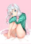  1girl ass bangs bare_legs barefoot blue_eyes blush bow cheli_(kso1564) closed_mouth commentary_request crossed_ankles eromanga_sensei eyebrows_visible_through_hair gradient_hair green_jacket hair_between_eyes hair_bow head_tilt highres hood hood_down hooded_jacket hooded_track_jacket izumi_sagiri jacket long_hair long_sleeves multicolored_hair panties pink_background pink_bow pink_hair sidelocks silver_hair sitting smile solo striped striped_panties track_jacket two-tone_background underwear very_long_hair white_background 