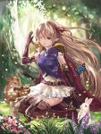  1girl arisa_(shadowverse) bangs belt blonde_hair blouse blush boots breasts brown_footwear bug butterfly deer dress elbow_gloves elf eyebrows_visible_through_hair floating_hair gloves green_eyes hair_ribbon hand_up insect long_hair medium_breasts one_eye_closed pointy_ears purple_blouse purple_gloves rabbit red_ribbon ribbon shadowverse sidelocks sitting skirt sleeveless sleeveless_blouse sleeveless_dress smile solo thigh-highs thigh_boots uanuan wariza white_dress wind 