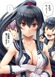  3girls :d agano_(kantai_collection) bangs black_hair blush breasts brown_eyes cleavage closed_mouth commentary_request eyebrows_visible_through_hair finger_to_mouth gloves hair_between_eyes highres ichikawa_feesu kantai_collection large_breasts long_hair looking_at_viewer multiple_girls open_mouth ponytail purple_hair sailor_collar sakawa_(kantai_collection) school_uniform serafuku sidelocks simple_background sleeveless smile speech_bubble sweatdrop translation_request very_long_hair wavy_mouth white_gloves yahagi_(kantai_collection) 