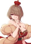  15805850117 1girl absurdres bare_arms bare_shoulders breasts cleavage collarbone commentary crown dress earrings gem hair_over_one_eye heart heart_earrings highres honkai_(series) honkai_impact_3 jewelry large_breasts looking_at_viewer red_dress red_eyes red_heart rita_rossweisse ruby_(gemstone) short_hair simple_background sleeveless sleeveless_dress smile solo strapless strapless_dress teeth upper_body white_background 