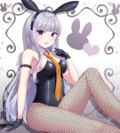  1girl alternate_costume animal_print artist_request bare_arms bare_shoulders black_gloves braid breasts bunny_hair_ornament bunny_print bunnysuit commentary_request dangan_ronpa dangan_ronpa_1 dot_nose eyebrows_visible_through_hair fishnet_legwear fishnet_pantyhose fishnets from_side gloves hair_ornament heart heart_print highres kirigiri_kyouko long_hair looking_at_viewer medium_breasts nabekokoa necktie orange_neckwear pantyhose purple_hair side_braid single_braid sitting solo violet_eyes 