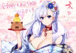  1girl 2019 azur_lane belfast_(azur_lane) blue_eyes blue_hair breasts chains cleavage collar collarbone commentary_request flower fur-trimmed_kimono fur_trim hair_flower hair_ornament happy_new_year highres holding holding_plate japanese_clothes kimono large_breasts long_hair new_year off-shoulder_kimono plate raiou smile solo translated 