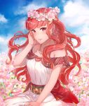  1girl blue_sky celica_(fire_emblem) clouds day earrings field fire_emblem fire_emblem_echoes:_mou_hitori_no_eiyuuou flower flower_field haru_(nakajou-28) head_wreath jewelry long_hair necklace nintendo outdoors parted_lips red_eyes redhead sitting sky solo 