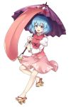  1girl :d alternate_color bangs blue_eyes blue_hair blush brown_footwear caramell0501 commentary eyebrows_visible_through_hair full_body geta highres holding holding_umbrella juliet_sleeves long_sleeves looking_at_viewer miniskirt open_mouth pink_skirt pink_vest puffy_sleeves purple_umbrella red_eyes shirt short_hair simple_background skirt skirt_set smile solo tatara_kogasa tongue touhou umbrella vest white_background white_shirt 