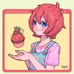  1girl artist_name bangs blue_eyes blush cake cupcake english_text flower food fruit hanaan hands_up heart icing looking_at_viewer original overalls pink_shirt redhead shirt short_hair short_sleeves smile solo star strawberry upper_body white_flower window_(computing) yellow_background 