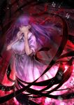  1girl bangs breasts dress eyebrows_visible_through_hair fate/stay_night fate_(series) hair_between_eyes hair_ribbon heaven&#039;s_feel highres large_breasts long_hair matou_sakura purple_hair red_ribbon ribbon short_sleeves solo standing violet_eyes white_dress zassounabe 