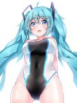  1girl :d absurdres ahoge aqua_hair arms_behind_back ass_visible_through_thighs bangs bare_shoulders blue_eyes blush breasts covered_navel cowboy_shot eyebrows_visible_through_hair from_below glowing harukawa_(hal501) hatsune_miku highres long_hair looking_at_viewer looking_down medium_breasts open_mouth simple_background smile solo tareme touhou very_long_hair vocaloid white_background 